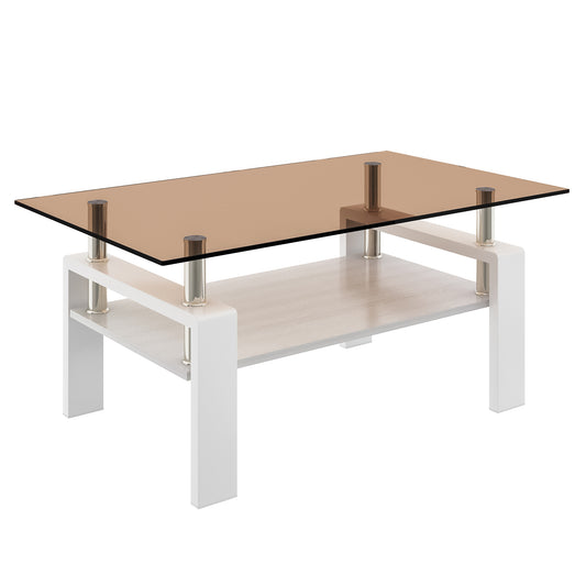 Rectangle Coffee Table, Tempered Glass Tabletop with MDF Layer, Modern Table for Living Room , Brown Glass