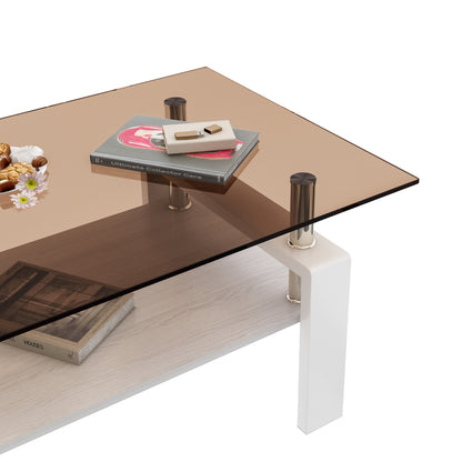 Rectangle Coffee Table, Tempered Glass Tabletop with MDF Layer, Modern Table for Living Room , Brown Glass