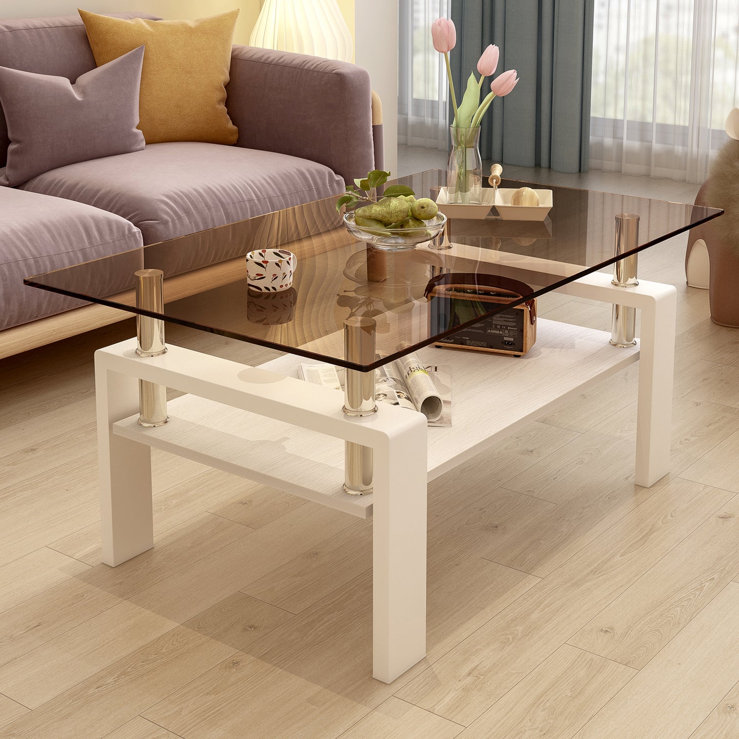 Rectangle Coffee Table, Tempered Glass Tabletop with MDF Layer, Modern Table for Living Room , Brown Glass