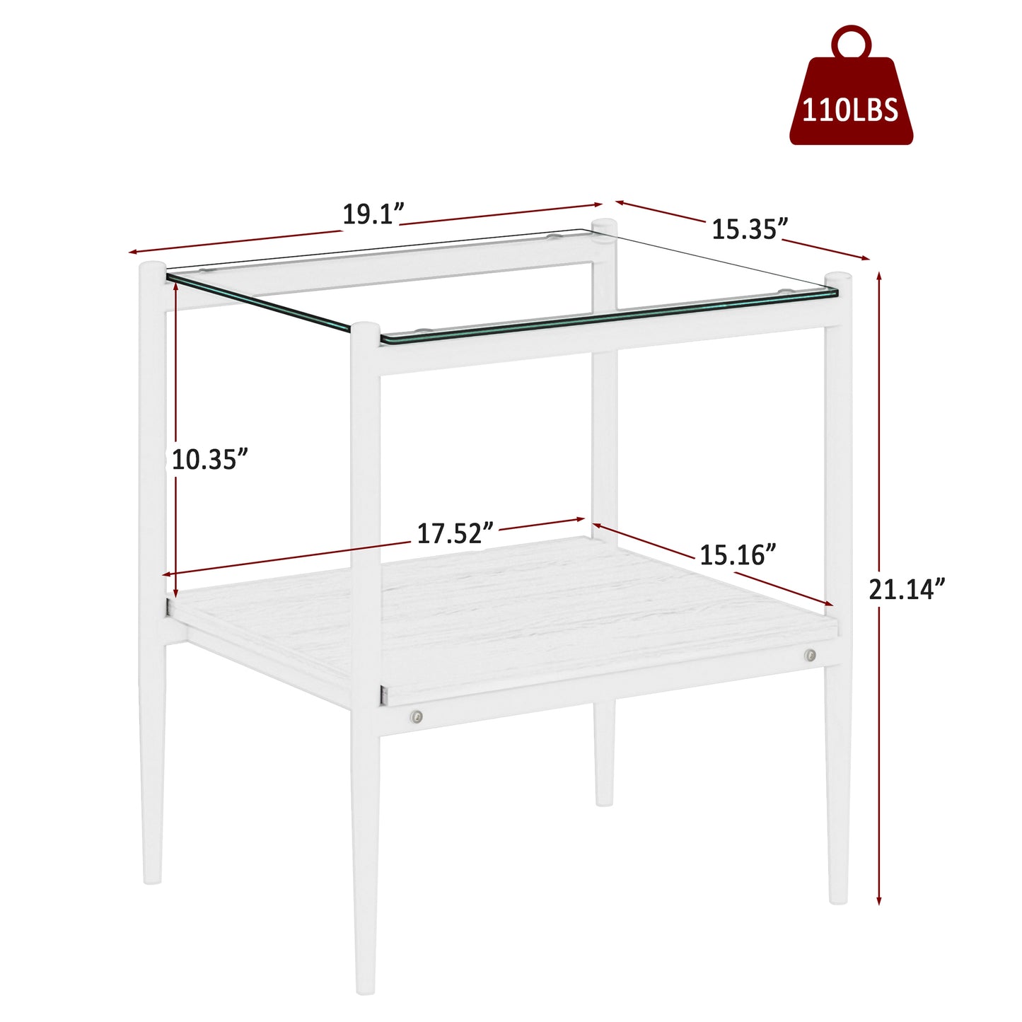 Set of 2 Rectangle End Table, Tempered Glass Tabletop with MDF layer, Modern Table for Living Room , Transparent Glass