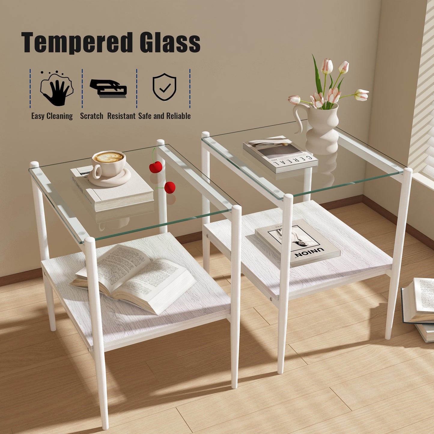 Set of 2 Rectangle End Table, Tempered Glass Tabletop with MDF layer, Modern Table for Living Room , Transparent Glass