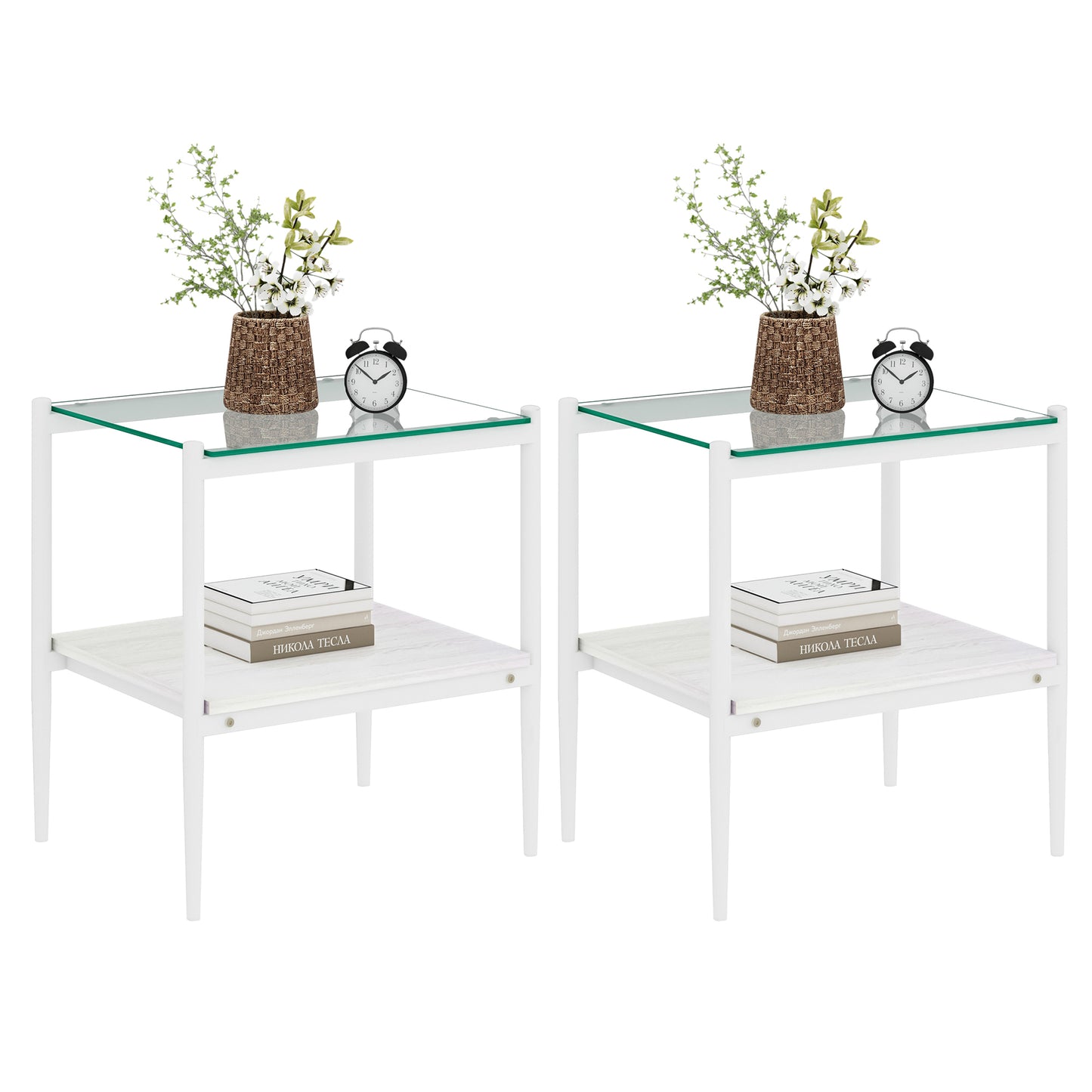 Set of 2 Rectangle End Table, Tempered Glass Tabletop with MDF layer, Modern Table for Living Room , Transparent Glass