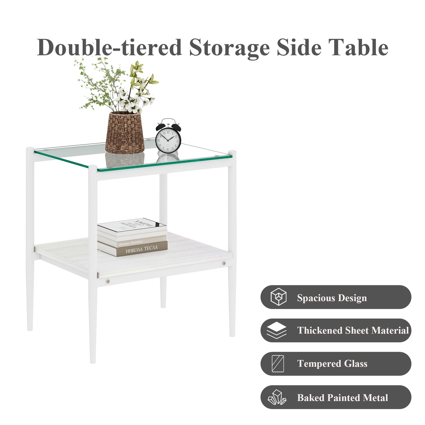 Set of 2 Rectangle End Table, Tempered Glass Tabletop with MDF layer, Modern Table for Living Room , Transparent Glass