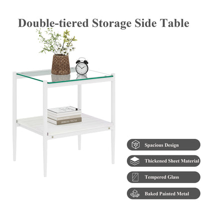 Set of 2 Rectangle End Table, Tempered Glass Tabletop with MDF layer, Modern Table for Living Room , Transparent Glass