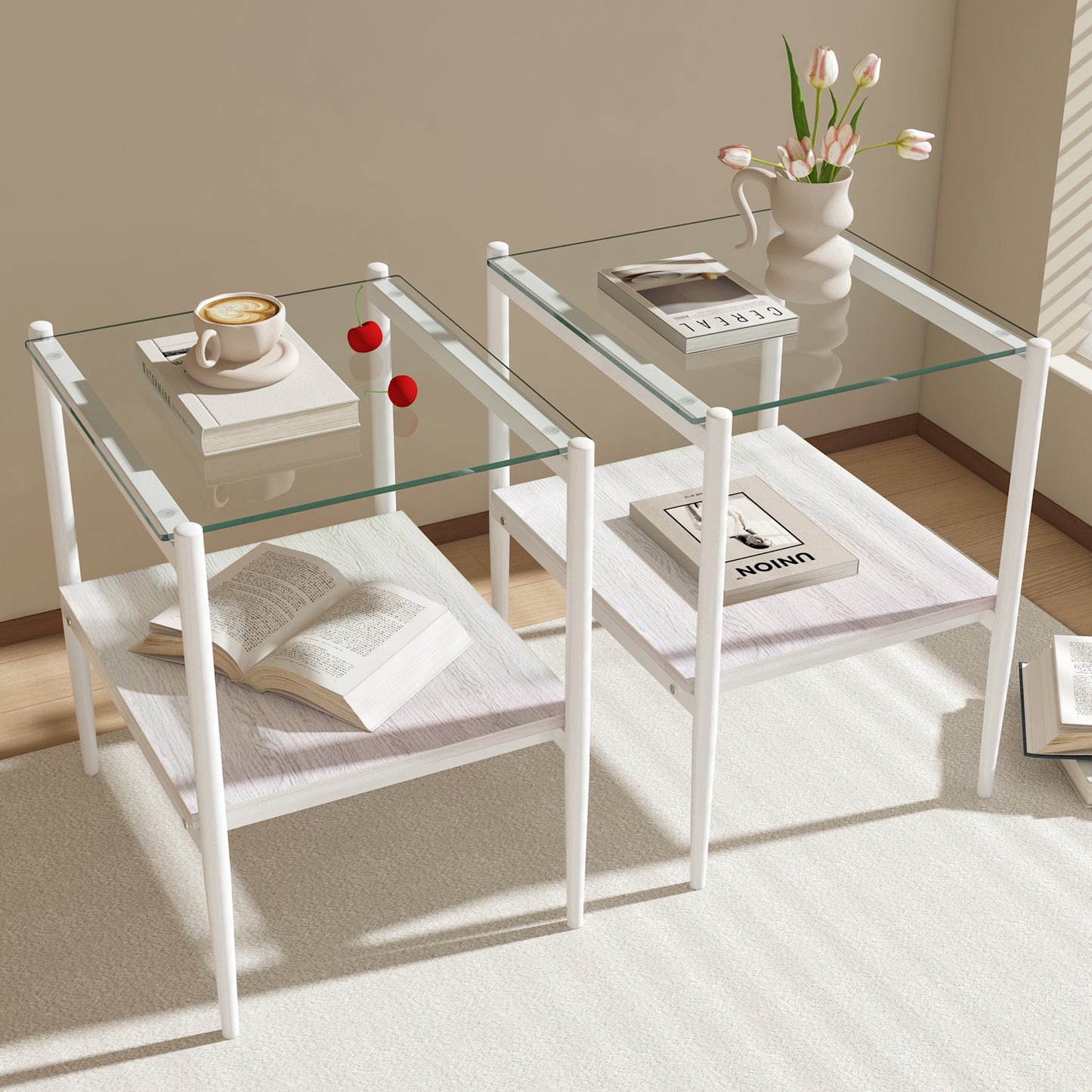 Set of 2 Rectangle End Table, Tempered Glass Tabletop with MDF layer, Modern Table for Living Room , Transparent Glass
