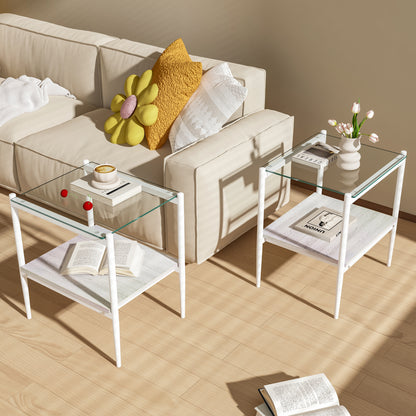 Set of 2 Rectangle End Table, Tempered Glass Tabletop with MDF layer, Modern Table for Living Room , Transparent Glass