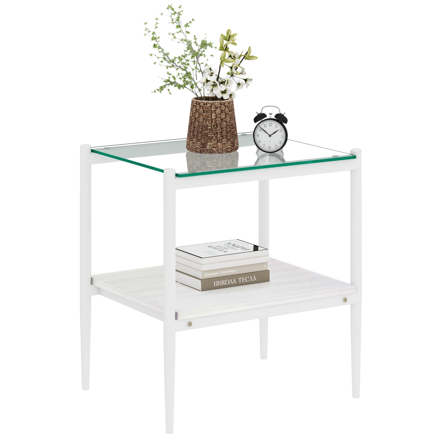 Set of 2 Rectangle End Table, Tempered Glass Tabletop with MDF layer, Modern Table for Living Room , Transparent Glass