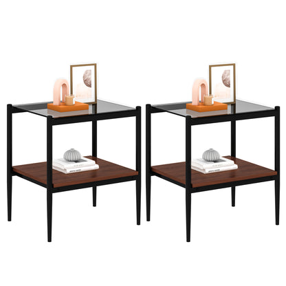 Set of 2 Rectangle End Table, Tempered Glass Tabletop with MDF layer, Modern Table for Living Room , Gray Glass