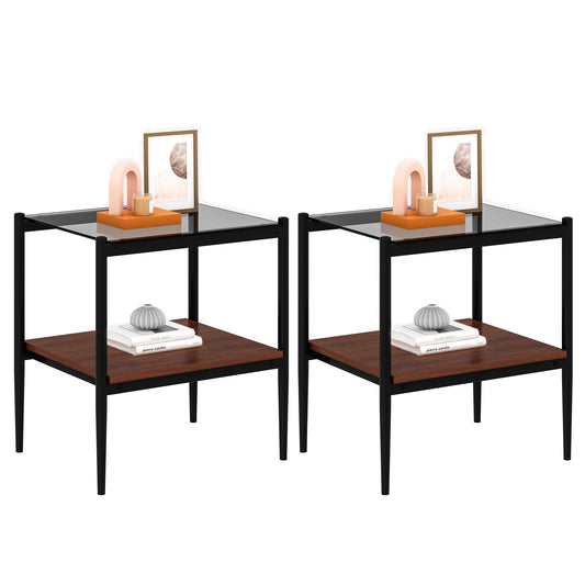 Set of 2 Rectangle End Table, Tempered Glass Tabletop with MDF layer, Modern Table for Living Room , Gray Glass