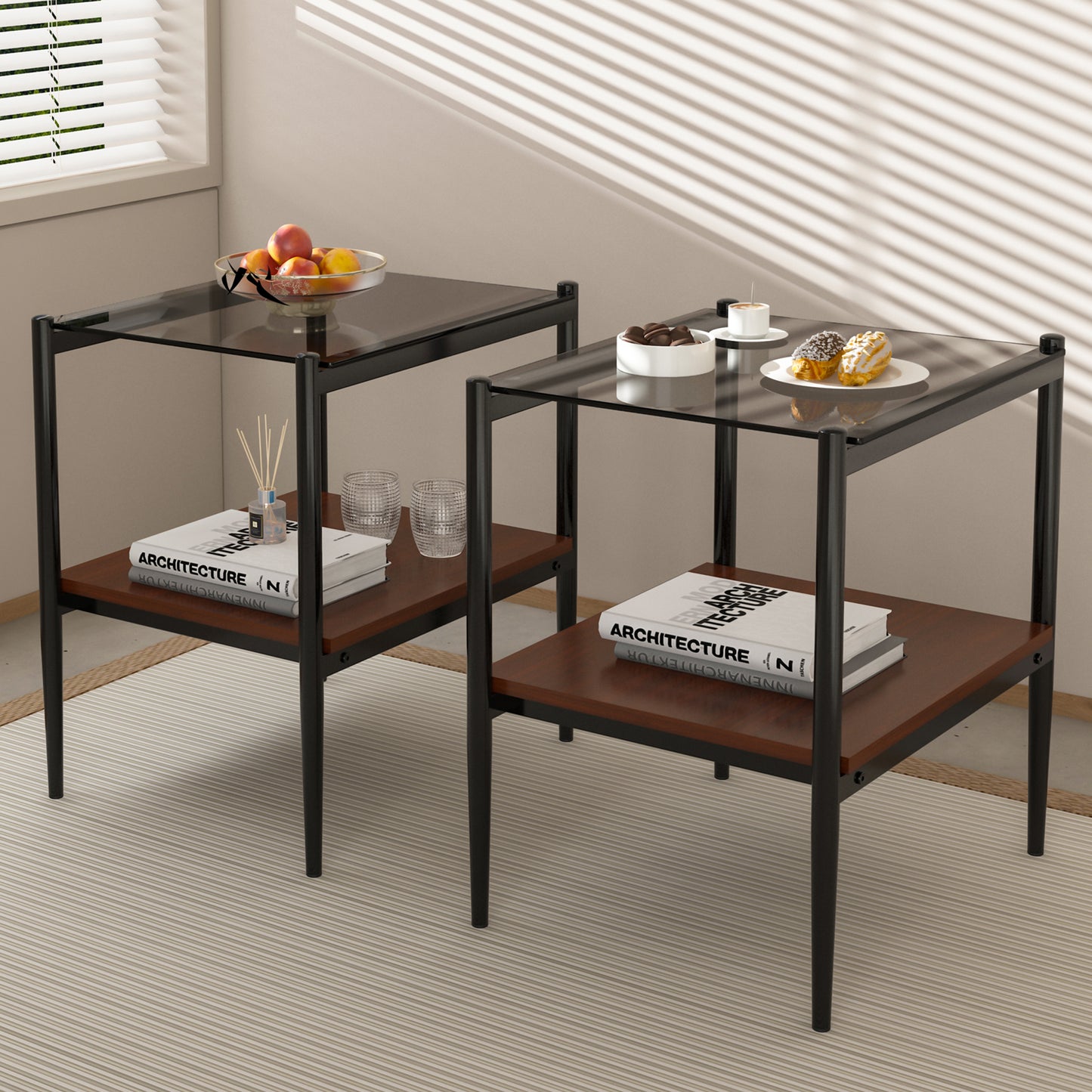 Set of 2 Rectangle End Table, Tempered Glass Tabletop with MDF layer, Modern Table for Living Room , Gray Glass