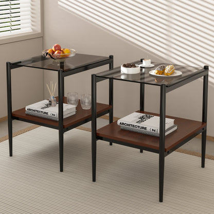 Set of 2 Rectangle End Table, Tempered Glass Tabletop with MDF layer, Modern Table for Living Room , Gray Glass
