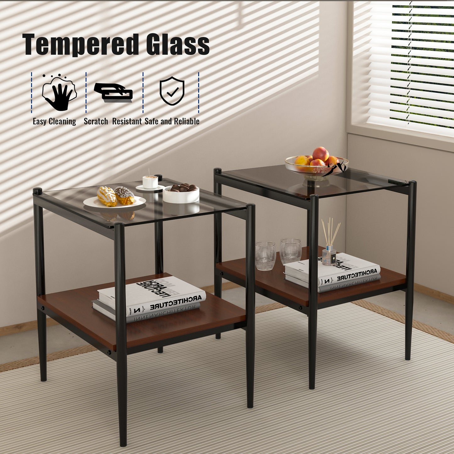 Set of 2 Rectangle End Table, Tempered Glass Tabletop with MDF layer, Modern Table for Living Room , Gray Glass