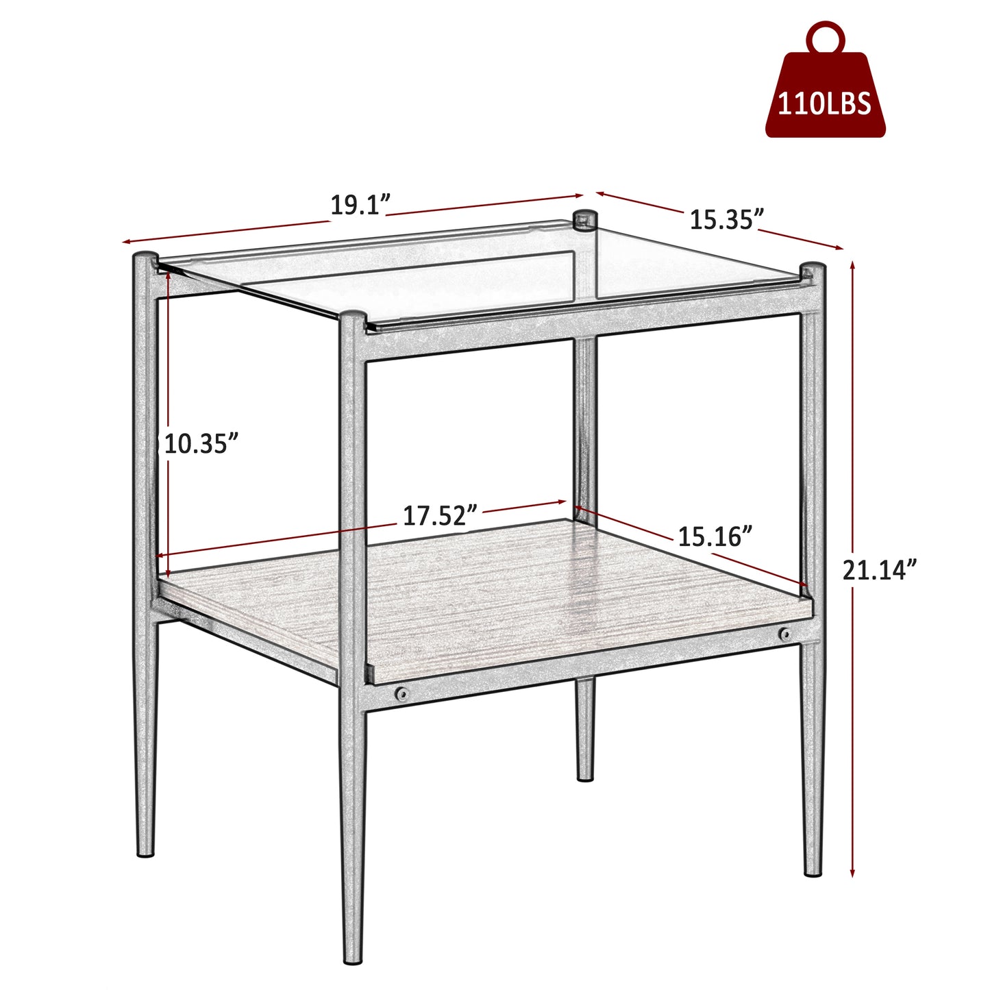 Set of 2 Rectangle End Table, Tempered Glass Tabletop with MDF layer, Modern Table for Living Room , Gray Glass