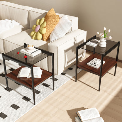 Set of 2 Rectangle End Table, Tempered Glass Tabletop with MDF layer, Modern Table for Living Room , Gray Glass