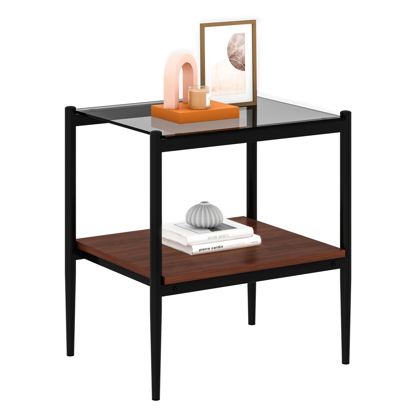 Set of 2 Rectangle End Table, Tempered Glass Tabletop with MDF layer, Modern Table for Living Room , Gray Glass
