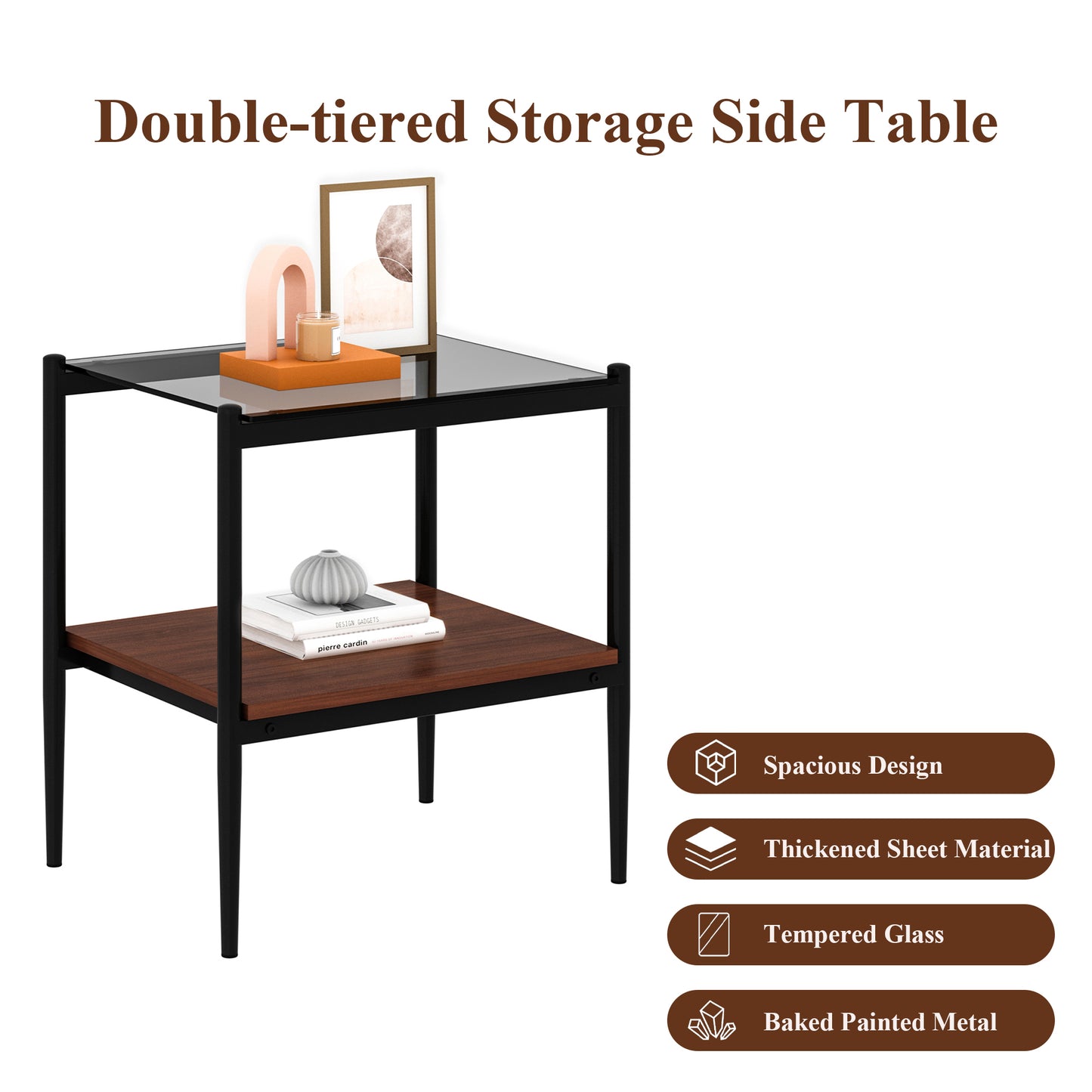Set of 2 Rectangle End Table, Tempered Glass Tabletop with MDF layer, Modern Table for Living Room , Gray Glass