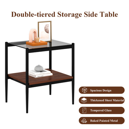 Set of 2 Rectangle End Table, Tempered Glass Tabletop with MDF layer, Modern Table for Living Room , Gray Glass