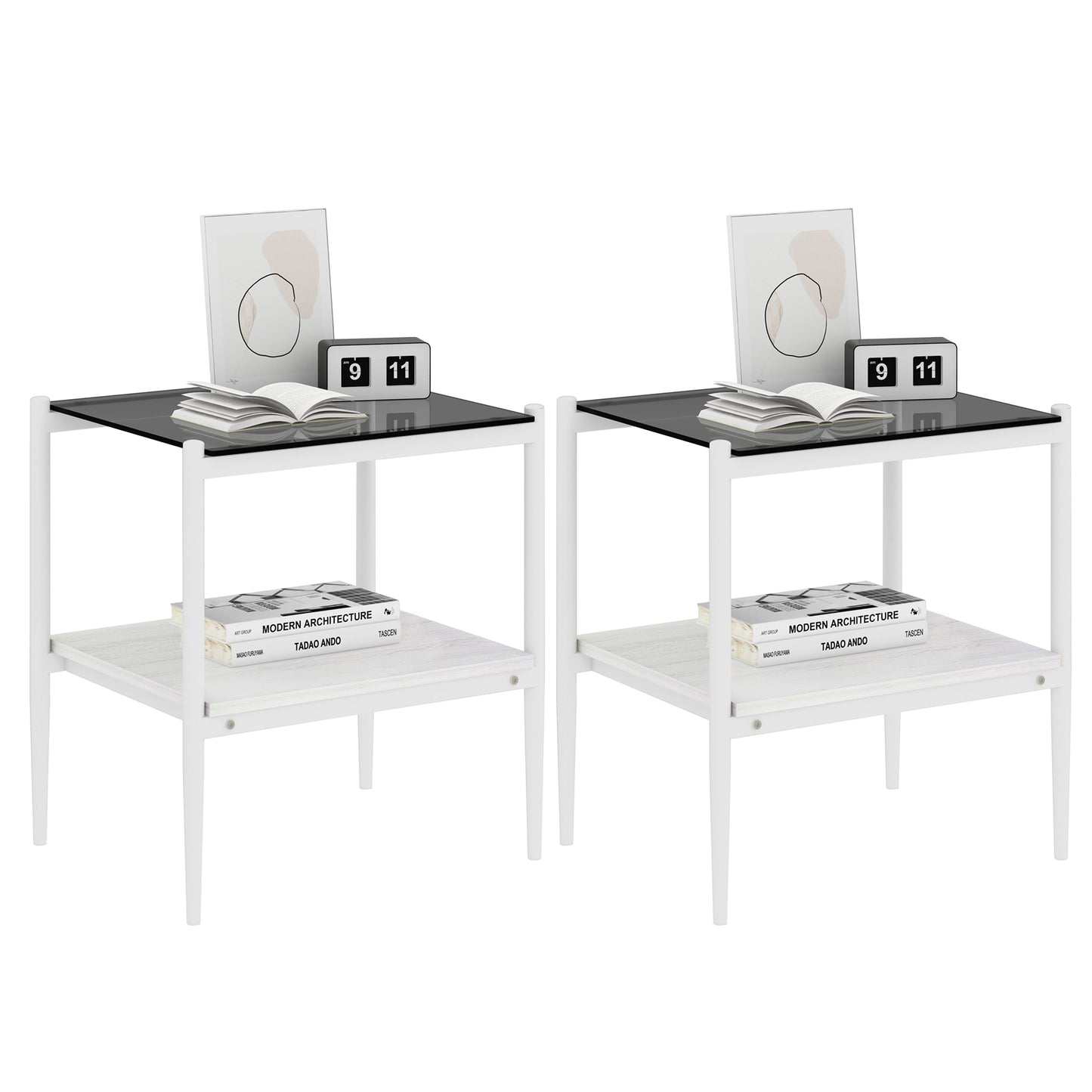 Set of 2 Rectangle End Table, Tempered Glass Tabletop with MDF layer, Modern Table for Living Room , Gray Glass