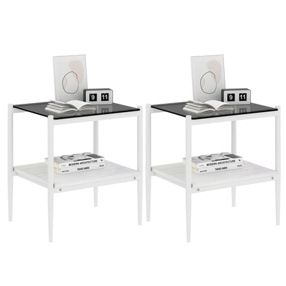 Set of 2 Rectangle End Table, Tempered Glass Tabletop with MDF layer, Modern Table for Living Room , Gray Glass