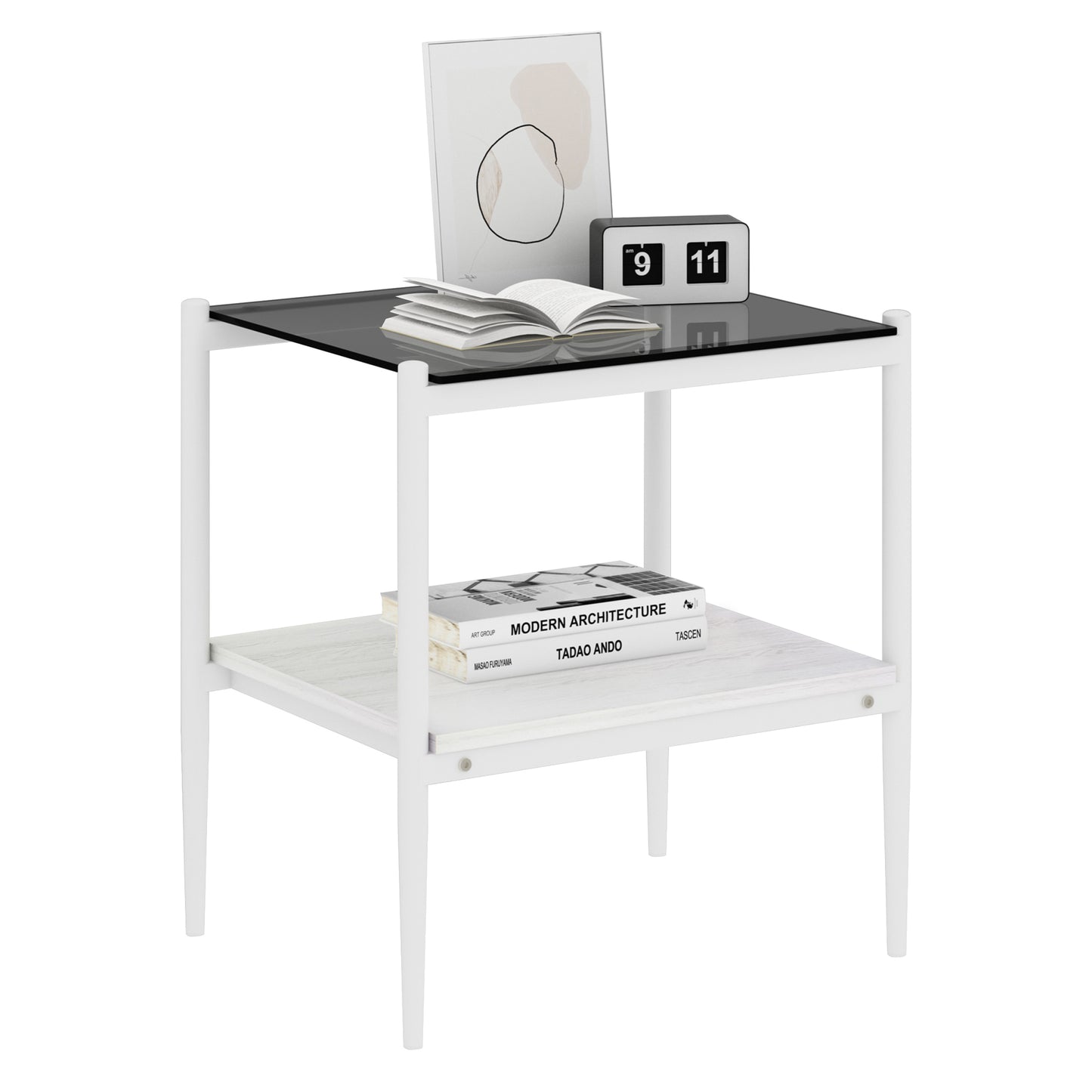 Set of 2 Rectangle End Table, Tempered Glass Tabletop with MDF layer, Modern Table for Living Room , Gray Glass
