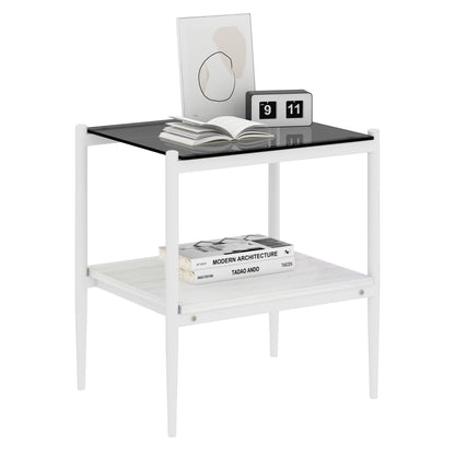 Set of 2 Rectangle End Table, Tempered Glass Tabletop with MDF layer, Modern Table for Living Room , Gray Glass