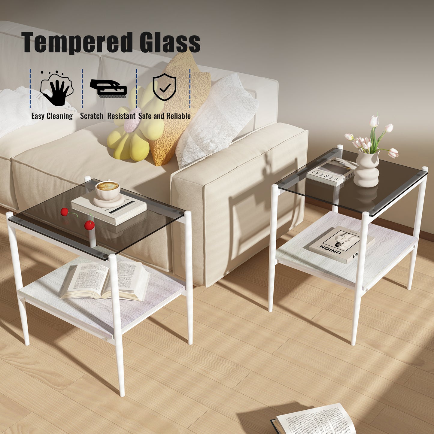 Set of 2 Rectangle End Table, Tempered Glass Tabletop with MDF layer, Modern Table for Living Room , Gray Glass