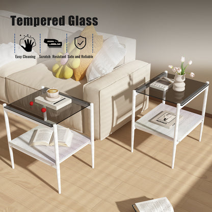 Set of 2 Rectangle End Table, Tempered Glass Tabletop with MDF layer, Modern Table for Living Room , Gray Glass