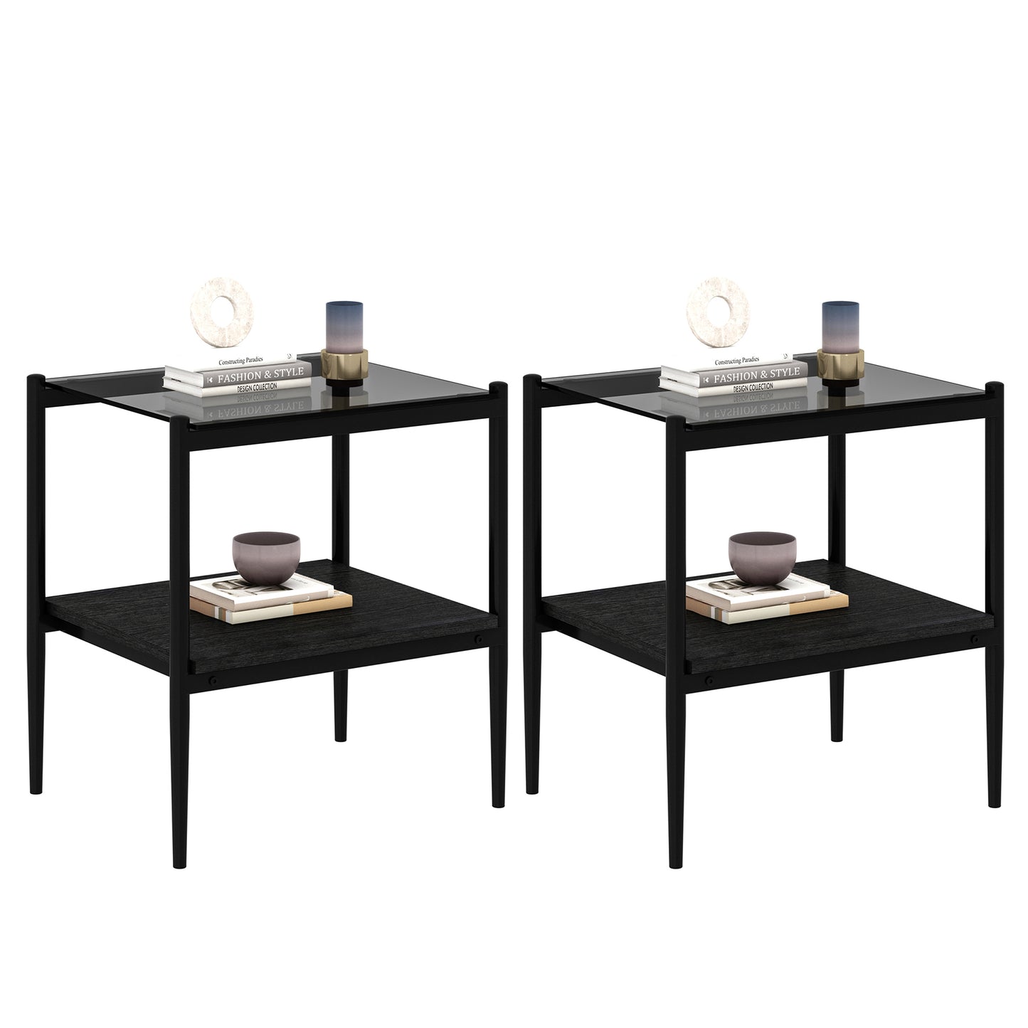 Set of 2 Rectangle End Table, Tempered Glass Tabletop with MDF layer, Modern Table for Living Room , Gray Glass