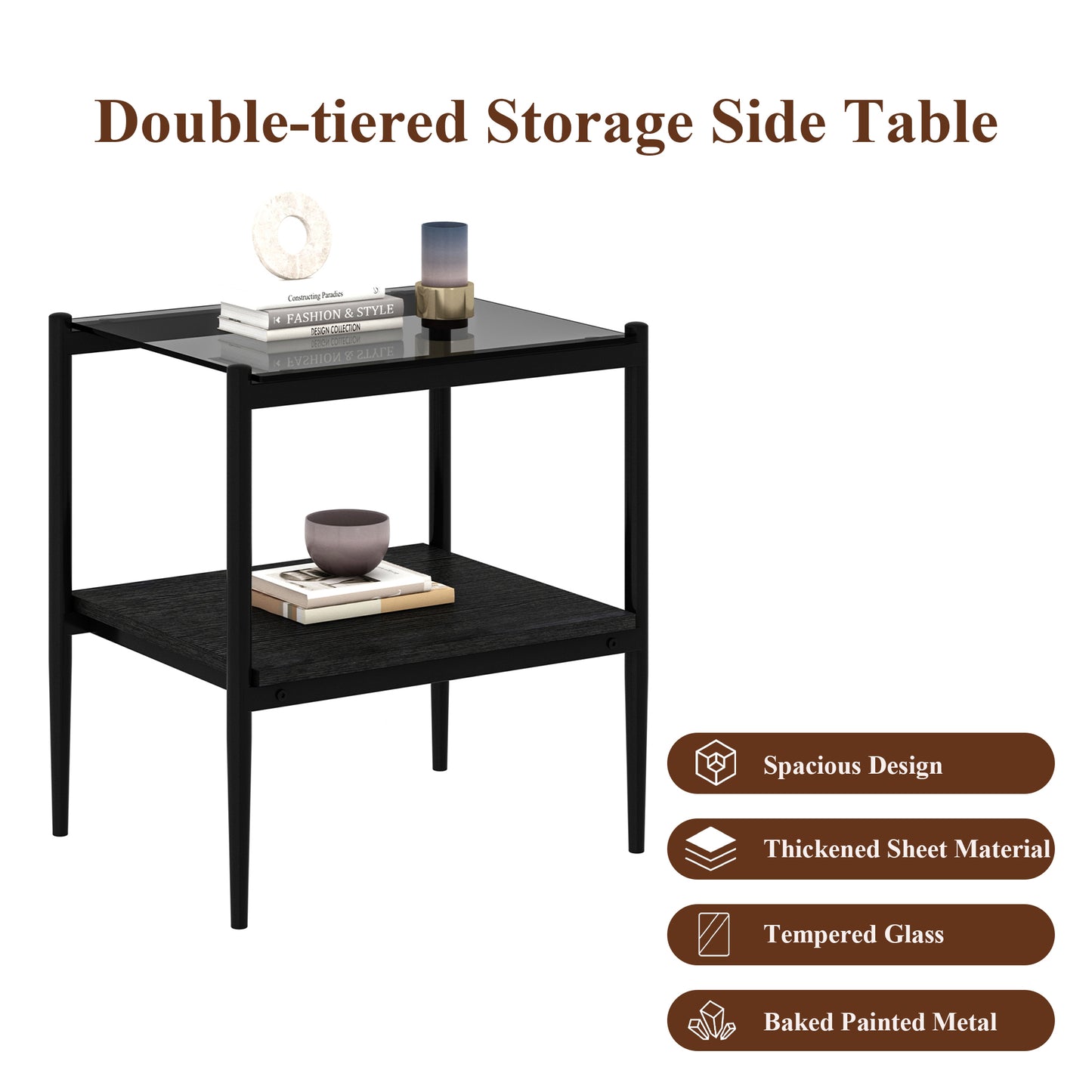 Set of 2 Rectangle End Table, Tempered Glass Tabletop with MDF layer, Modern Table for Living Room , Gray Glass