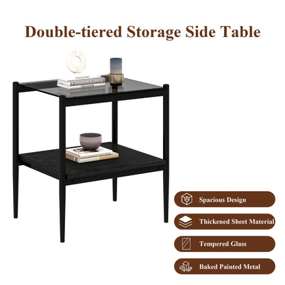 Set of 2 Rectangle End Table, Tempered Glass Tabletop with MDF layer, Modern Table for Living Room , Gray Glass