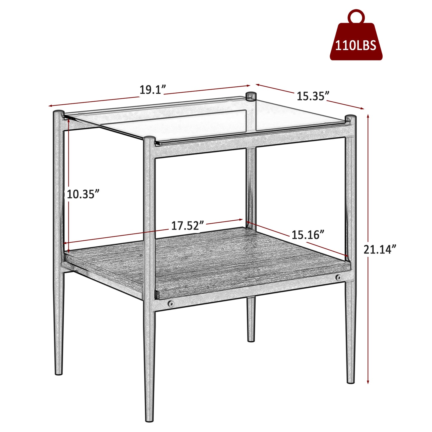 Set of 2 Rectangle End Table, Tempered Glass Tabletop with MDF layer, Modern Table for Living Room , Gray Glass