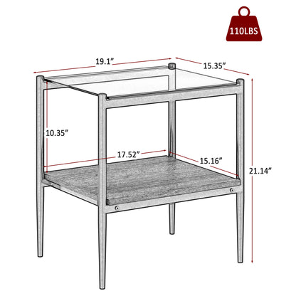 Set of 2 Rectangle End Table, Tempered Glass Tabletop with MDF layer, Modern Table for Living Room , Gray Glass