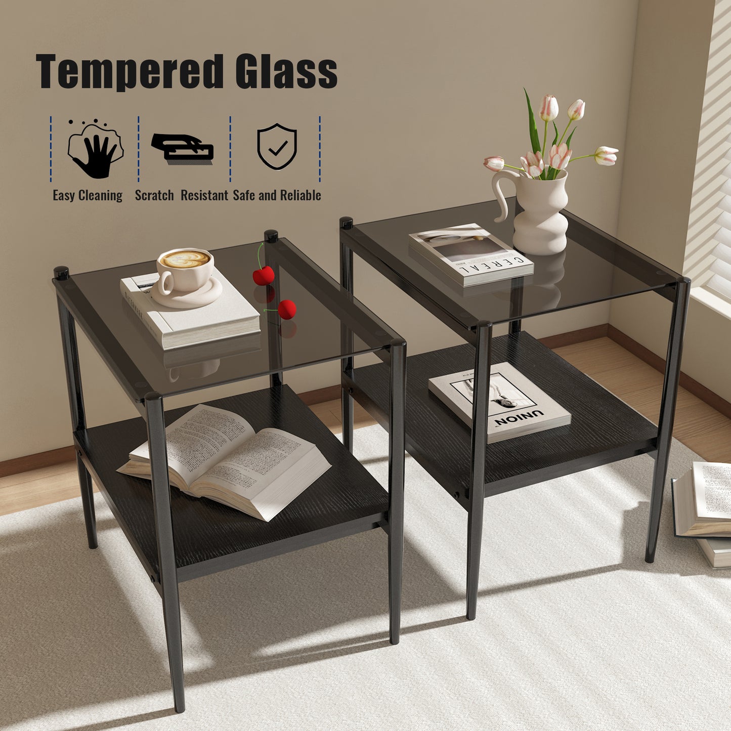 Set of 2 Rectangle End Table, Tempered Glass Tabletop with MDF layer, Modern Table for Living Room , Gray Glass