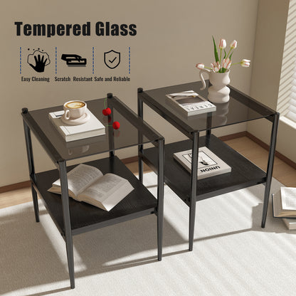 Set of 2 Rectangle End Table, Tempered Glass Tabletop with MDF layer, Modern Table for Living Room , Gray Glass