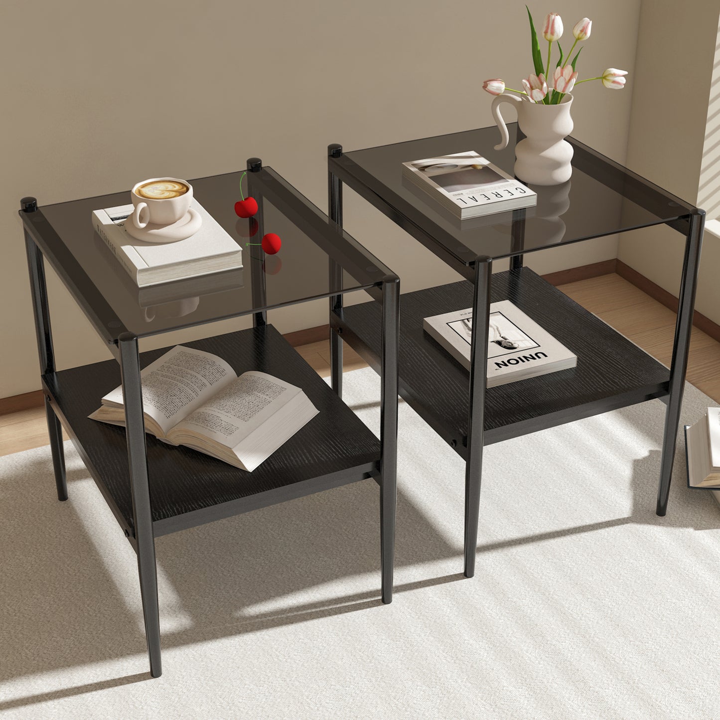 Set of 2 Rectangle End Table, Tempered Glass Tabletop with MDF layer, Modern Table for Living Room , Gray Glass