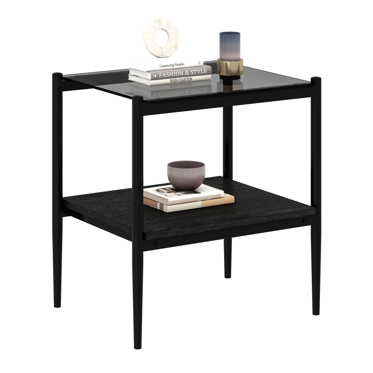 Set of 2 Rectangle End Table, Tempered Glass Tabletop with MDF layer, Modern Table for Living Room , Gray Glass