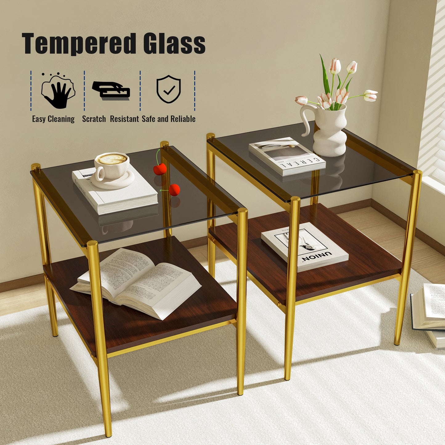 Set of 2 Rectangle End Table, Tempered Glass Tabletop with MDF layer, Modern Table for Living Room , Gray Glass