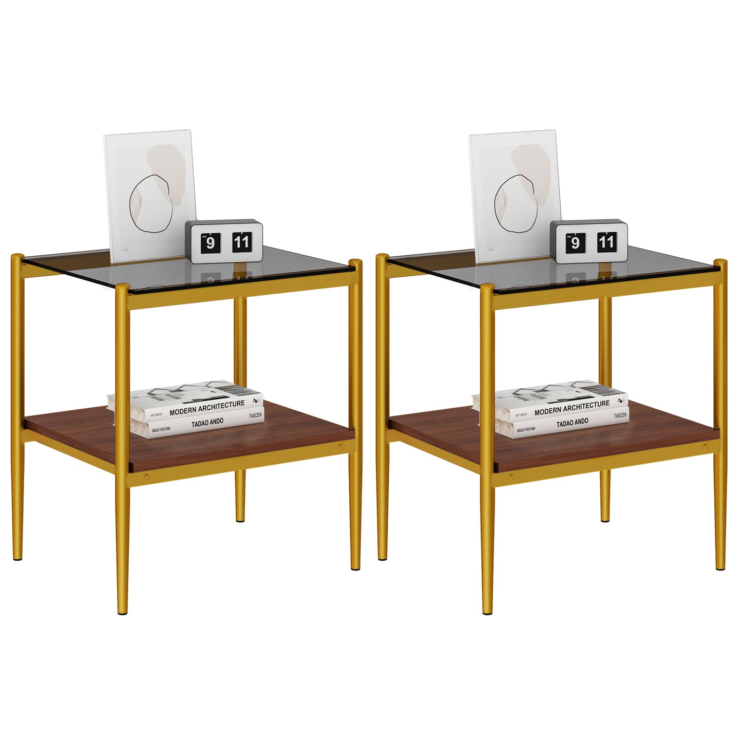Set of 2 Rectangle End Table, Tempered Glass Tabletop with MDF layer, Modern Table for Living Room , Gray Glass