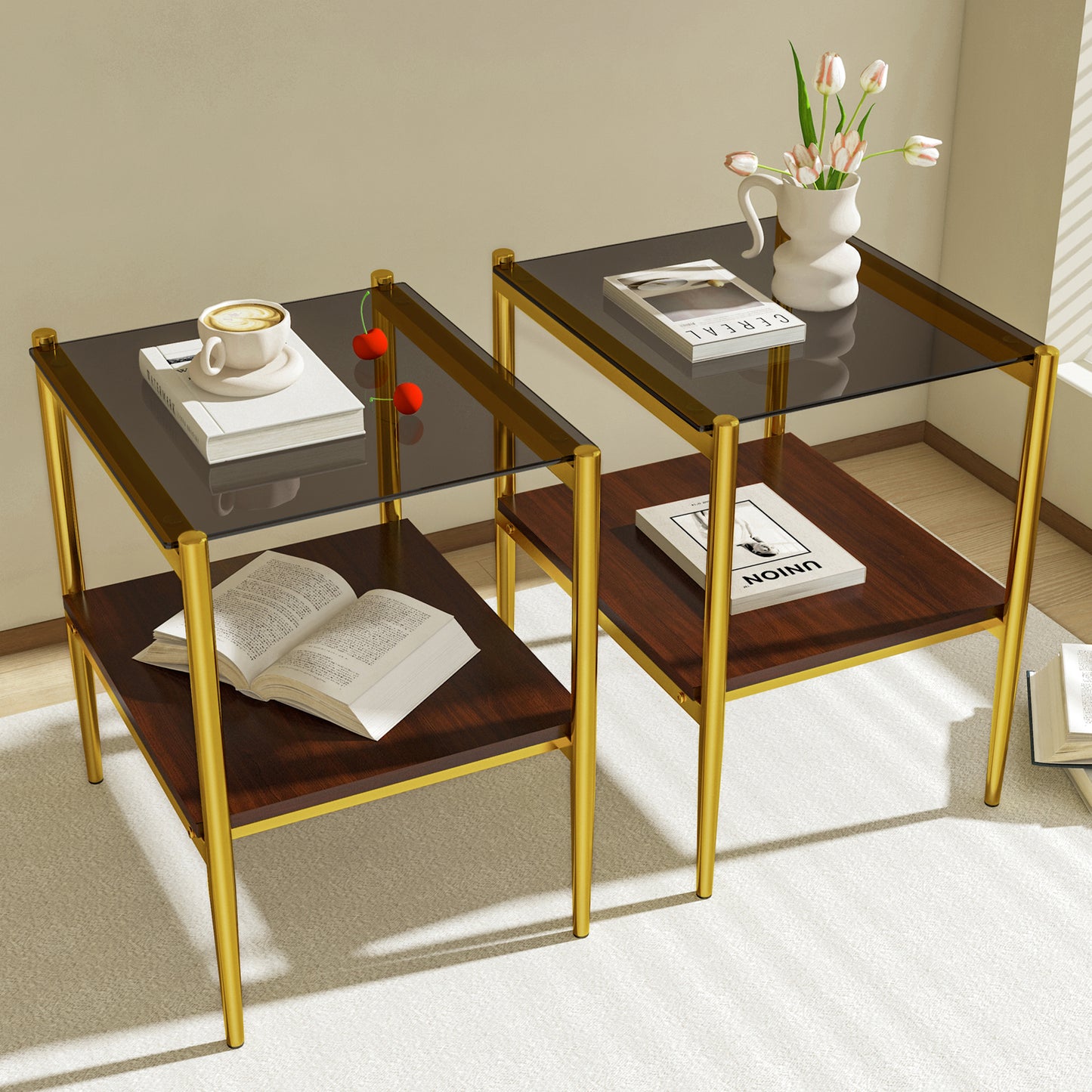 Set of 2 Rectangle End Table, Tempered Glass Tabletop with MDF layer, Modern Table for Living Room , Gray Glass