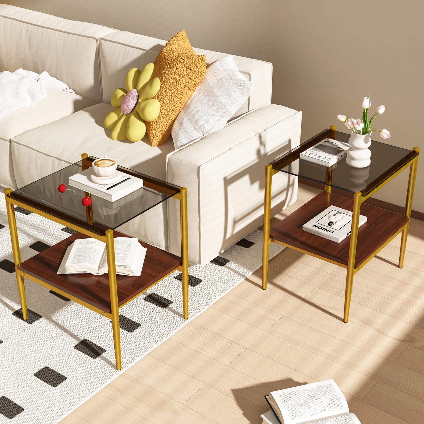 Set of 2 Rectangle End Table, Tempered Glass Tabletop with MDF layer, Modern Table for Living Room , Gray Glass