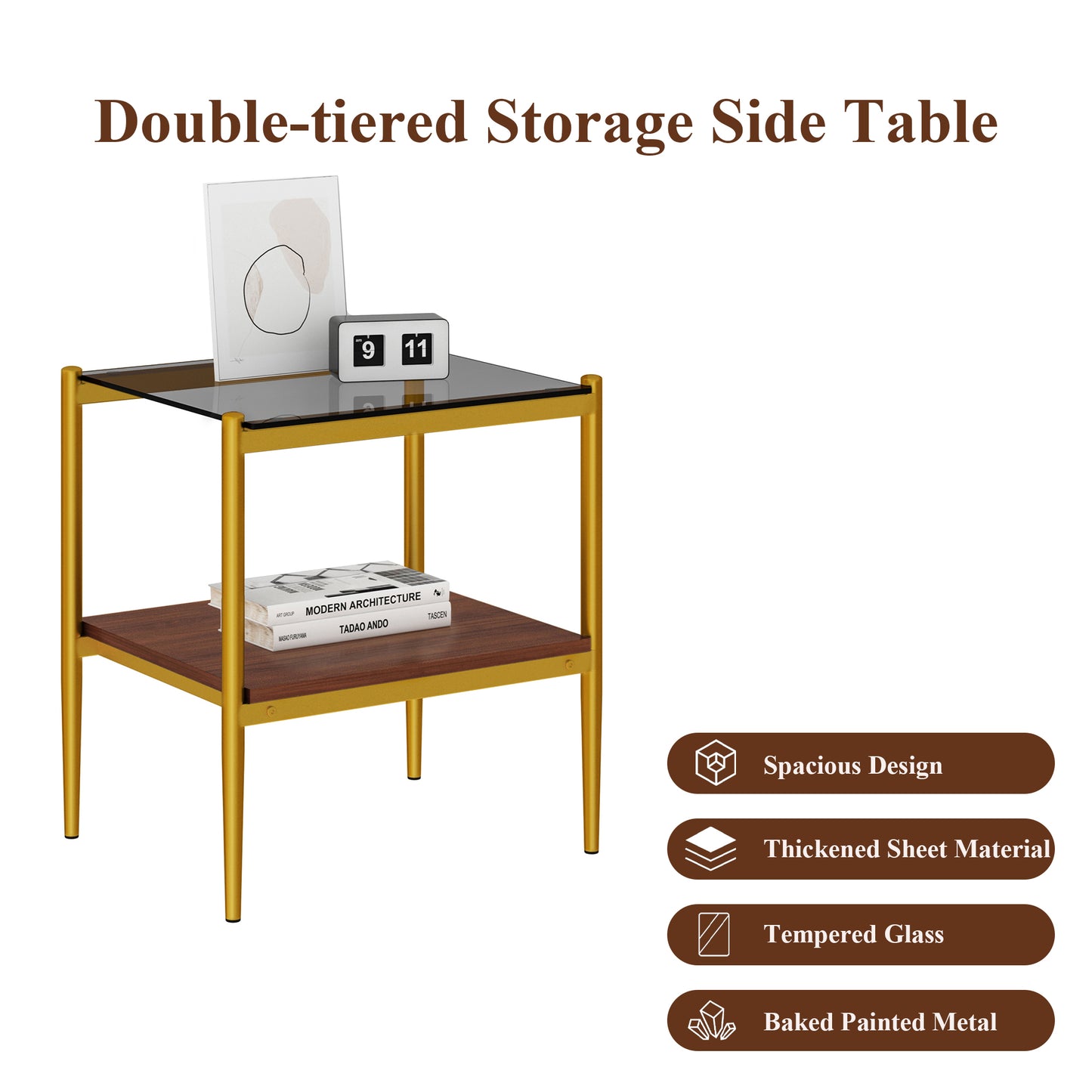 Set of 2 Rectangle End Table, Tempered Glass Tabletop with MDF layer, Modern Table for Living Room , Gray Glass