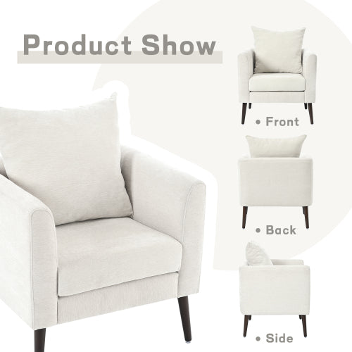 Modern Chenille Accent Chair, Upholstered Armchair for Living Room ,Mid Century Fabric Lounge Chair w/ Pillow, Comfortable Reading Chair with Wood Legs for Living Room, Bedroom,Reception Room (Beige)