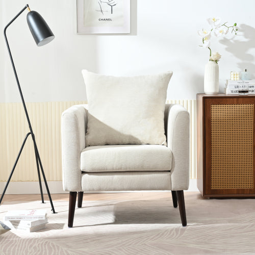 Modern Chenille Accent Chair, Upholstered Armchair for Living Room ,Mid Century Fabric Lounge Chair w/ Pillow, Comfortable Reading Chair with Wood Legs for Living Room, Bedroom,Reception Room (Beige)