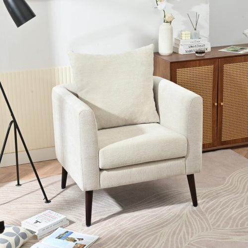 Modern Chenille Accent Chair, Upholstered Armchair for Living Room ,Mid Century Fabric Lounge Chair w/ Pillow, Comfortable Reading Chair with Wood Legs for Living Room, Bedroom,Reception Room (Beige)