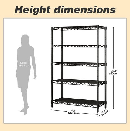 Wire Shelving Metal Storage Rack Adjustable Shelves, Standing Storage Shelf Units for Laundry Bathroom Kitchen Pantry Closet(Black, 42L x 17.99W x 71H)
