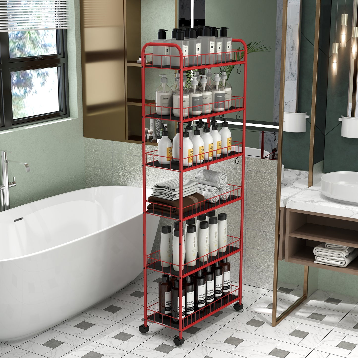 Red 6 Tier Slim Rolling Storage Cart, Mobile Shelving Unit with Wheels, Metal Wire Storage Shelving Rack with Baskets for Kitchen Bathroom Office Laundry Narrow Piaces