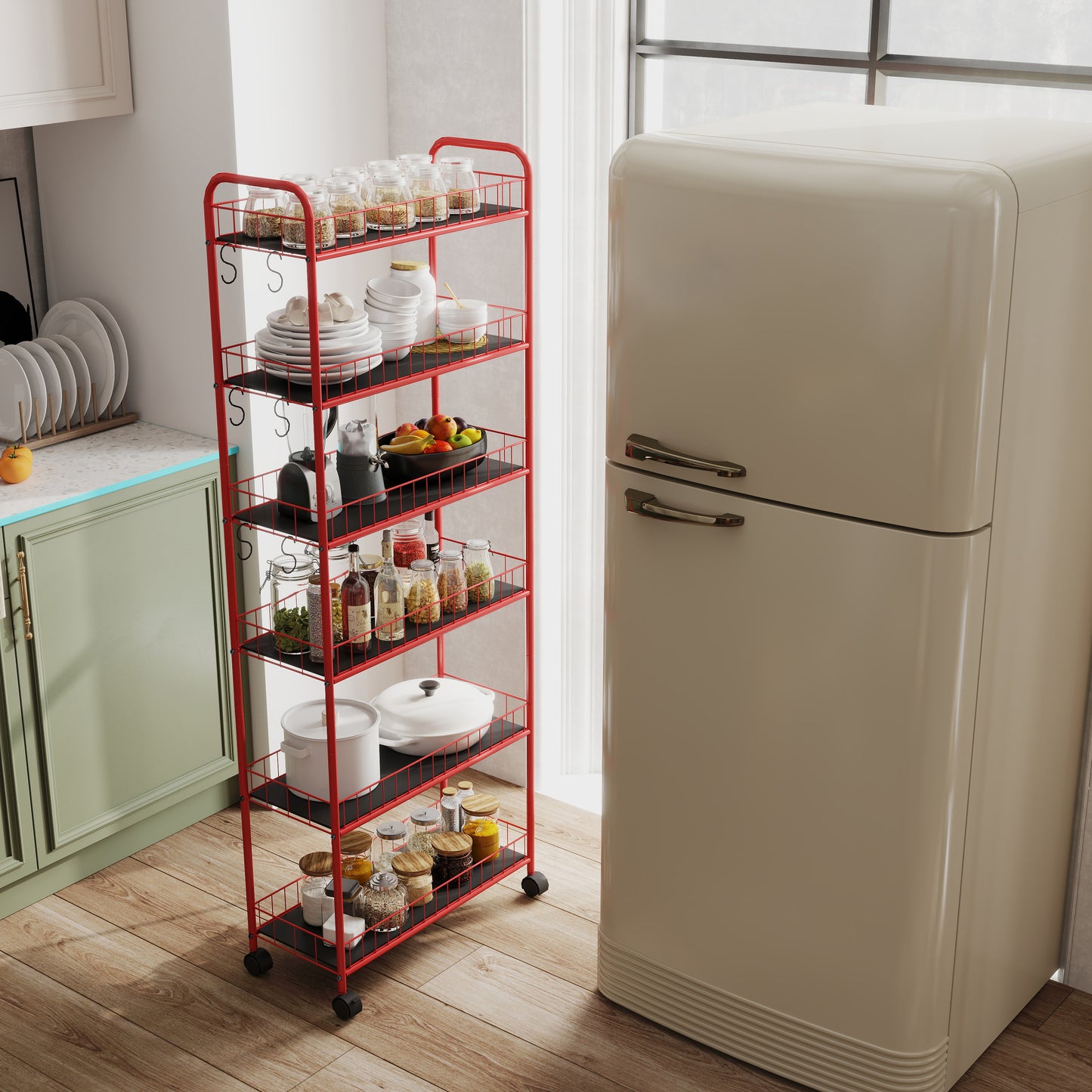 Red 6 Tier Slim Rolling Storage Cart, Mobile Shelving Unit with Wheels, Metal Wire Storage Shelving Rack with Baskets for Kitchen Bathroom Office Laundry Narrow Piaces