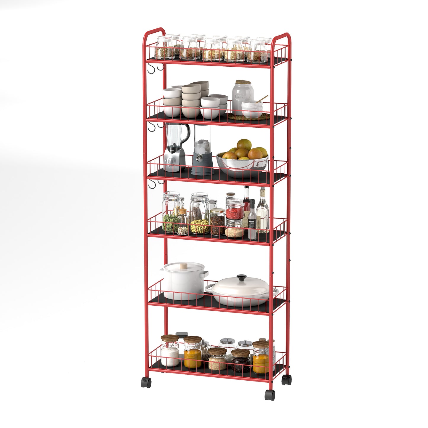 Red 6 Tier Slim Rolling Storage Cart, Mobile Shelving Unit with Wheels, Metal Wire Storage Shelving Rack with Baskets for Kitchen Bathroom Office Laundry Narrow Piaces