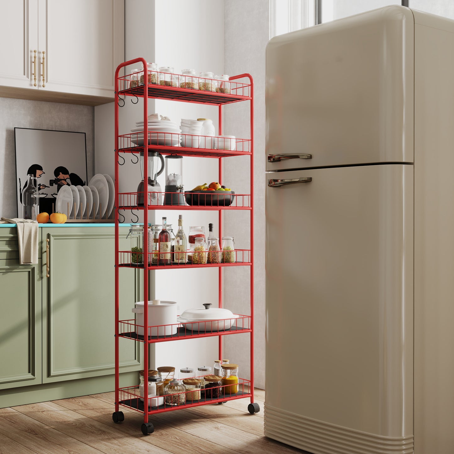 Red 6 Tier Slim Rolling Storage Cart, Mobile Shelving Unit with Wheels, Metal Wire Storage Shelving Rack with Baskets for Kitchen Bathroom Office Laundry Narrow Piaces