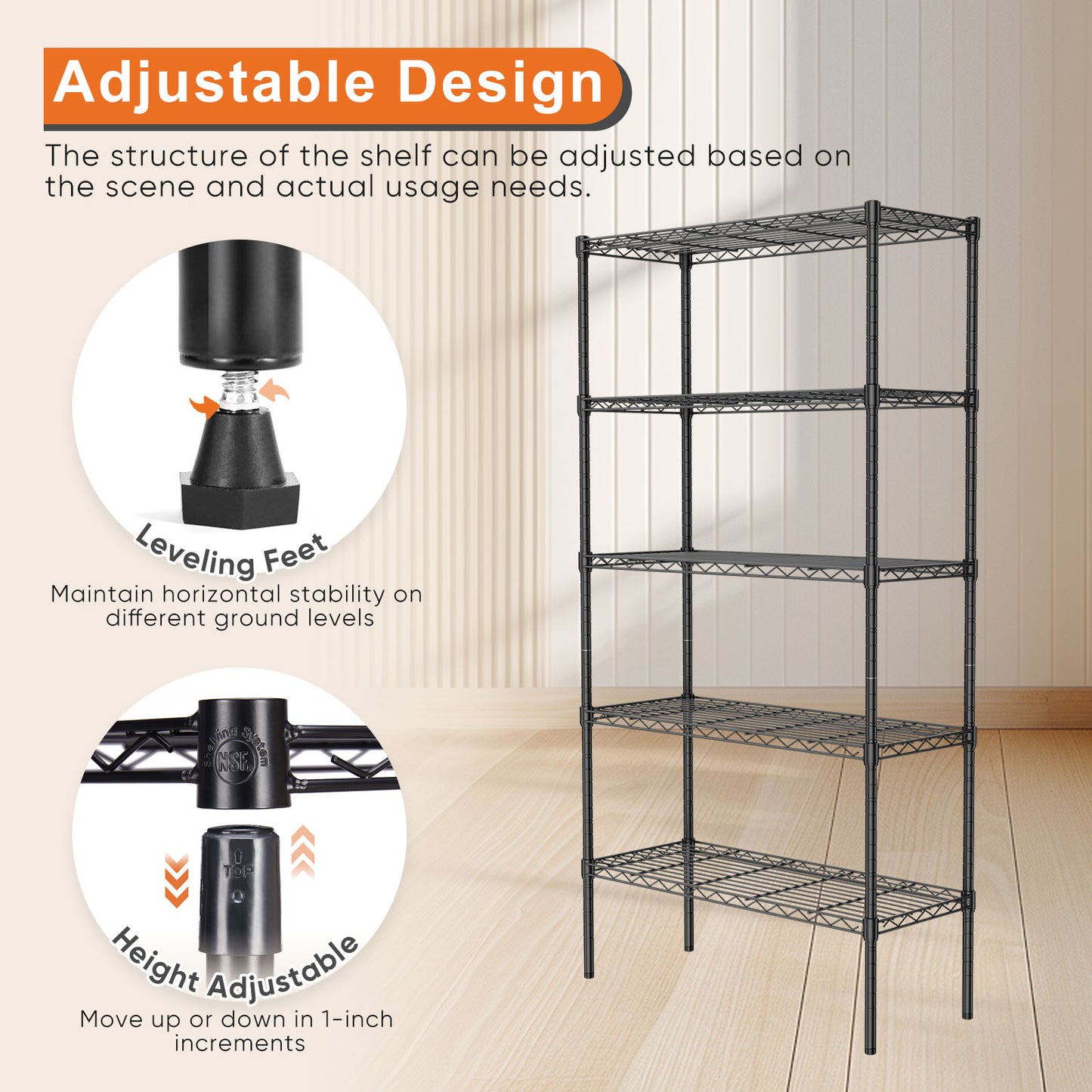 Storage Shelving Unit, Adjustable Metal Wire Racks Heavy Duty Standing Shelf Organizer for Kitchen, Closet, Pantry, Garage, Bathroom, Laundry,5-Tier